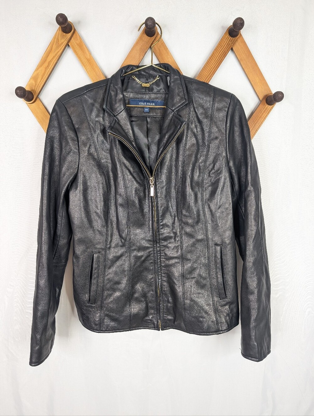 Cole Haan Black Zip Up Lamb Skin Leather Jacket - Size Medium